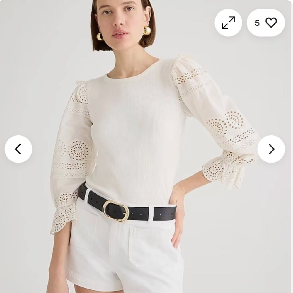 J.Crew Sz L Ruffle-Trim Eyelet Top in Vintage Rib Boho Long Sleeve
